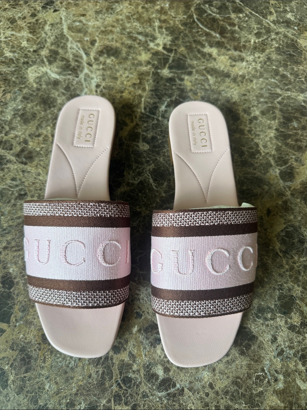 Gucci pink brown embroidered sandal slides flats sz 38.5